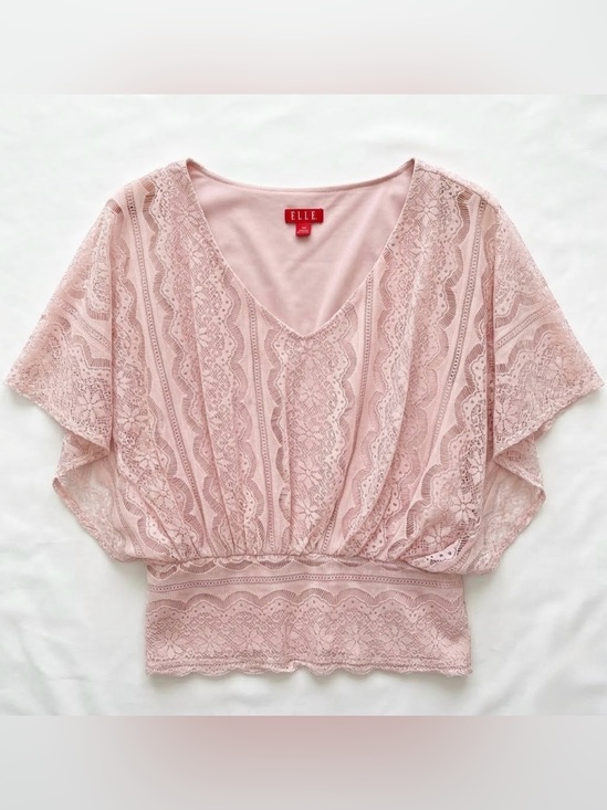 Elle Tops - Elle Pink Lace V-Neck Dolman Sleeve Romantic Coquette Boho Balletcore Blouse